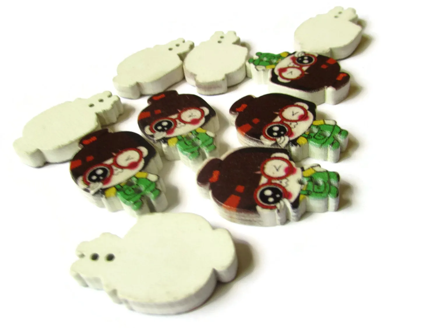 10 29mm Wooden Two Hole Buttons Brown Haired Girl with Green Overalls