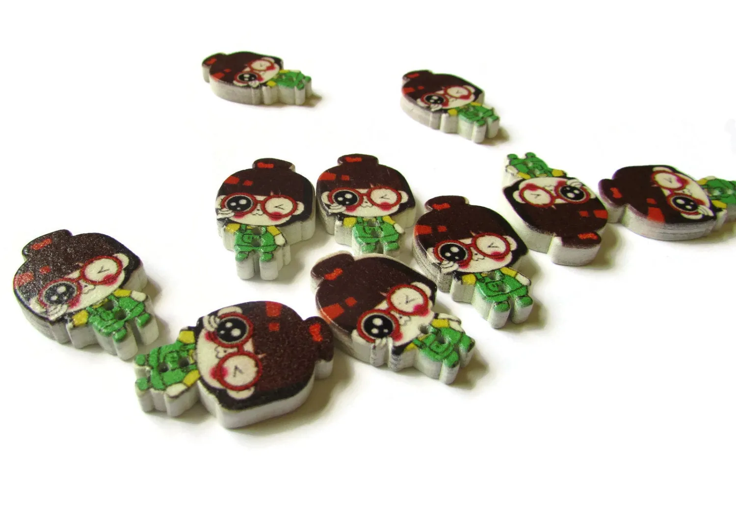 10 29mm Wooden Two Hole Buttons Brown Haired Girl with Green Overalls