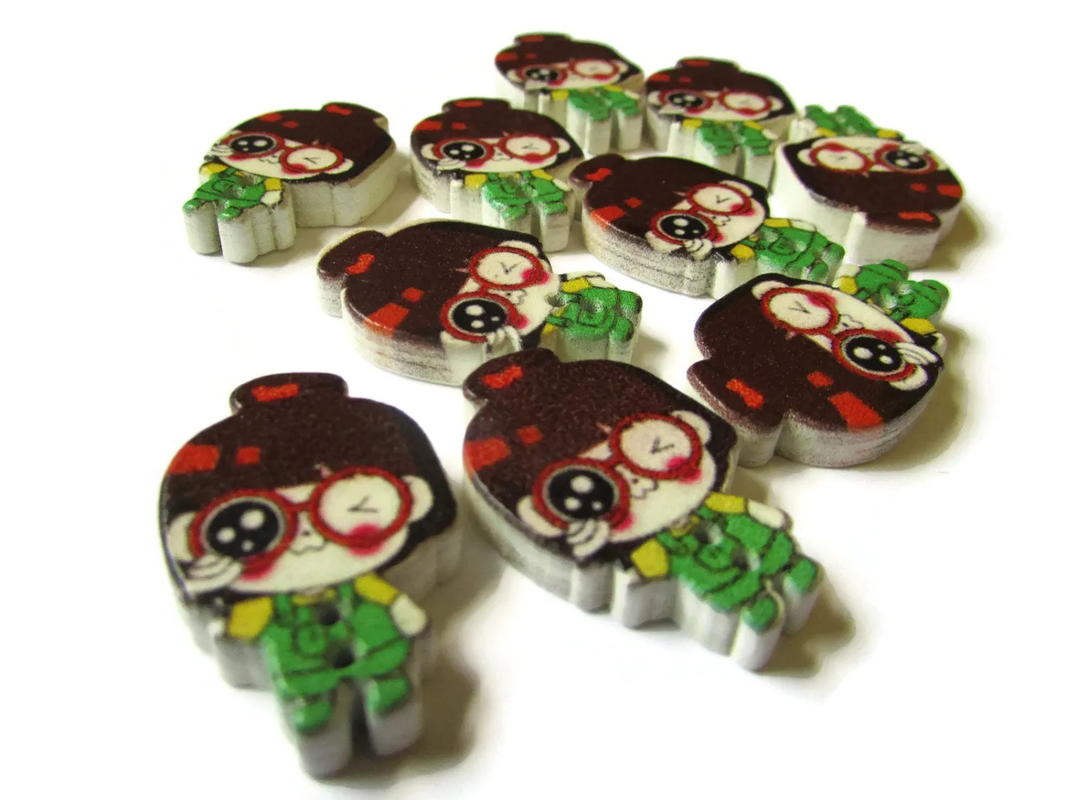 10 29mm Wooden Two Hole Buttons Brown Haired Girl with Green Overalls