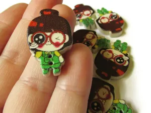 10 29mm Wooden Two Hole Buttons Brown Haired Girl with Green Overalls