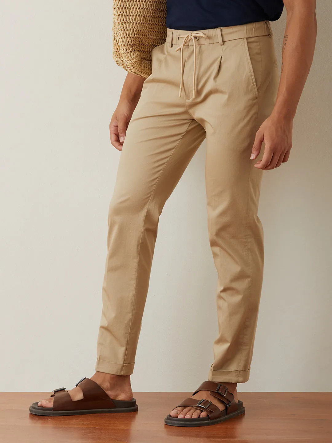 Beige Plain Cotton Loose Pants