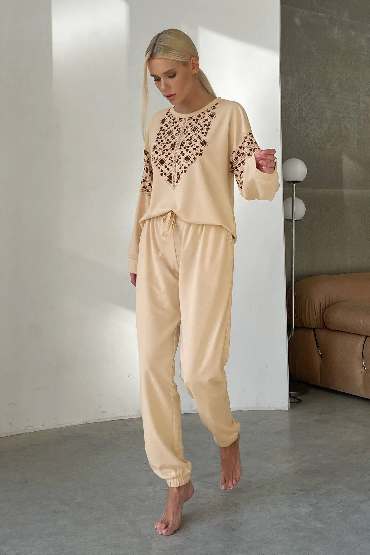 Beige Sweatshirt and Pants Set