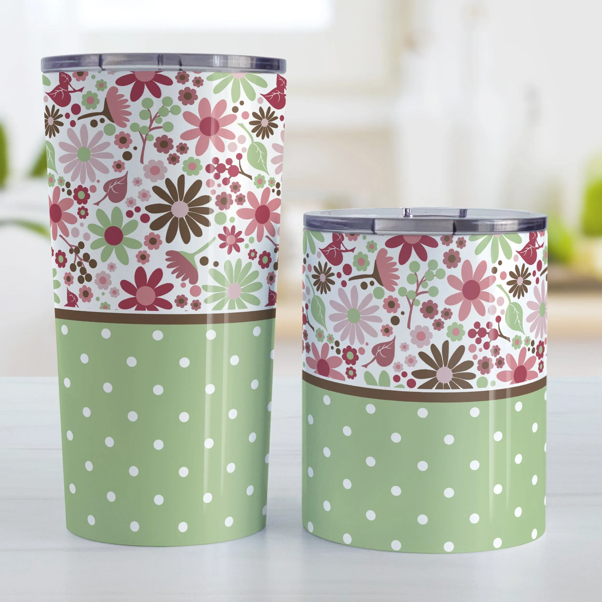 Berry Green Summer Flowers Polka Dot Tumbler Cup