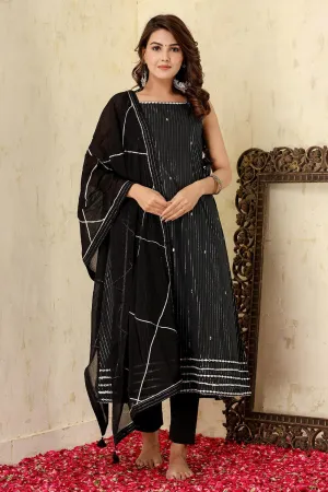 Black Lurex Sleeveless Cotton Kurta Pant With Dupatta Set