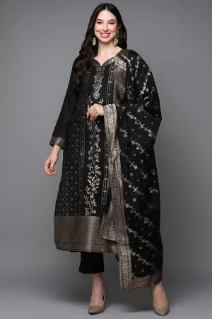 Black Poly Chanderi Floral Straight Suit Set