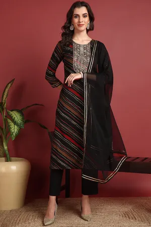 Black Viscose Rayon Leheriya Printed Straight Suit Set