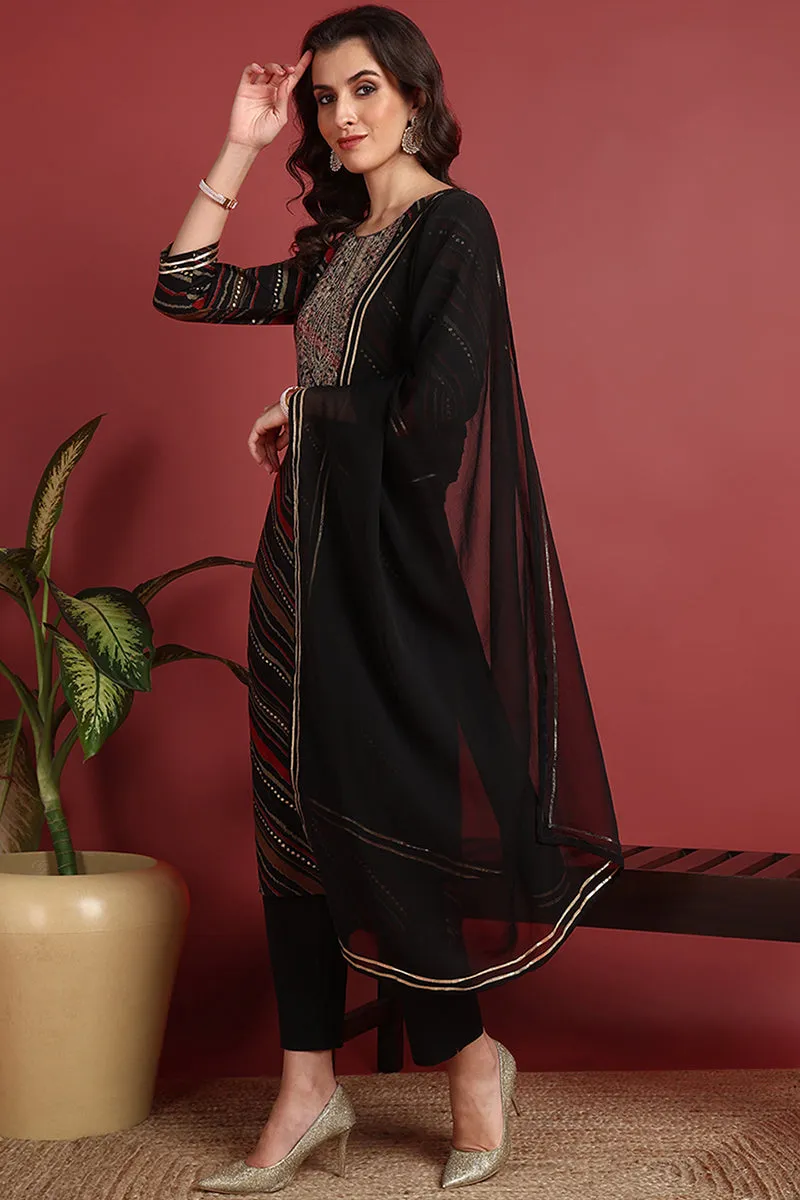 Black Viscose Rayon Leheriya Printed Straight Suit Set