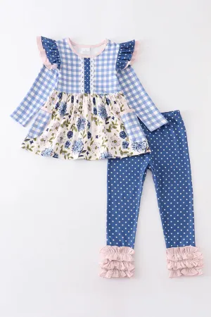 Blue Plaid Floral Ruffle Girl Set