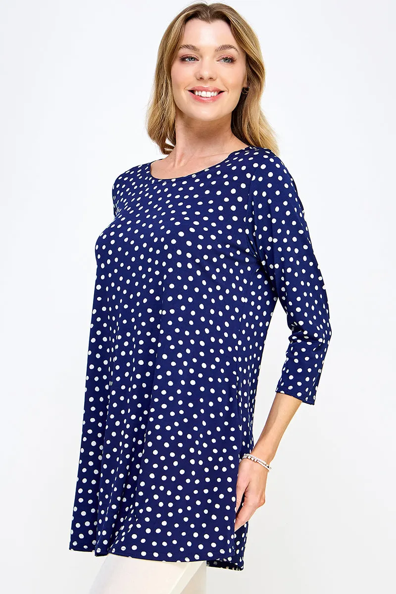 Blue Polka Dot Print Quarter Sleeve Top with Side Seam Pockets-3086HT-QRP1-K-W032