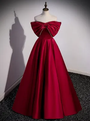 Burgundy Satin Off the Shoulder Pearls Bow Prom Dress