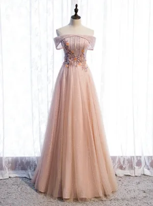 Champagne Tulle Off the Shoulder Beading Prom Dress