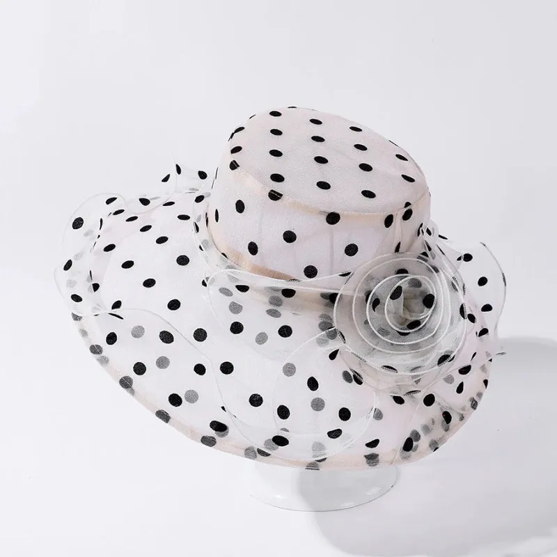 Chic Flower-Detailed Polka Dot Chiffon Covered Summer Hats