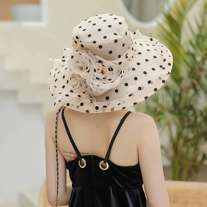 Chic Flower-Detailed Polka Dot Chiffon Covered Summer Hats