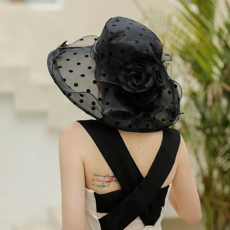 Chic Flower-Detailed Polka Dot Chiffon Covered Summer Hats