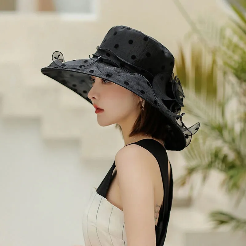 Chic Flower-Detailed Polka Dot Chiffon Covered Summer Hats