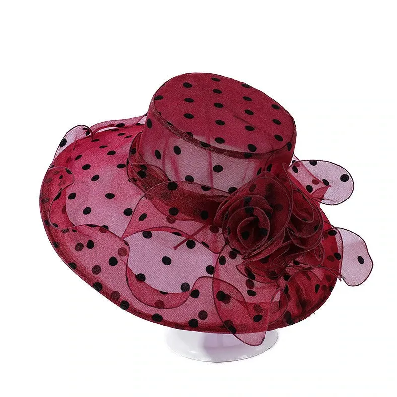 Chic Flower-Detailed Polka Dot Chiffon Covered Summer Hats