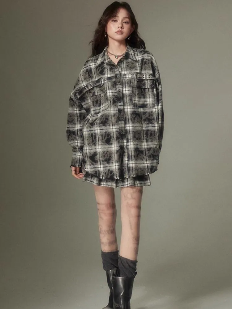 Contrast plaid shirt   pleated skirt【s0000003967】