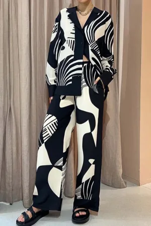 Contrast Printed Button Wide Leg Pants Two-piece Set