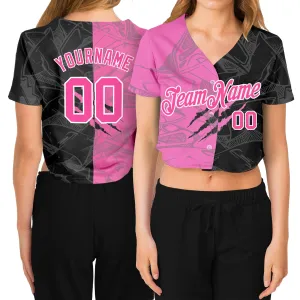 Custom Women's Graffiti Pattern Pink-White Scratch 3D V-Neck Cropped Baseball Jersey