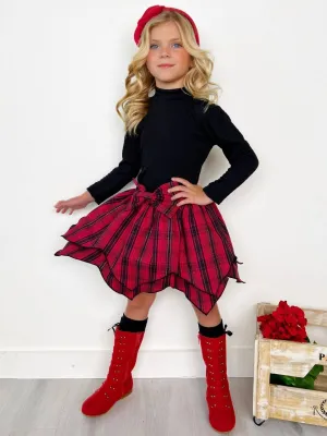 Girls Black Turtleneck Top and Red Plaid Handkerchief Skirt Set