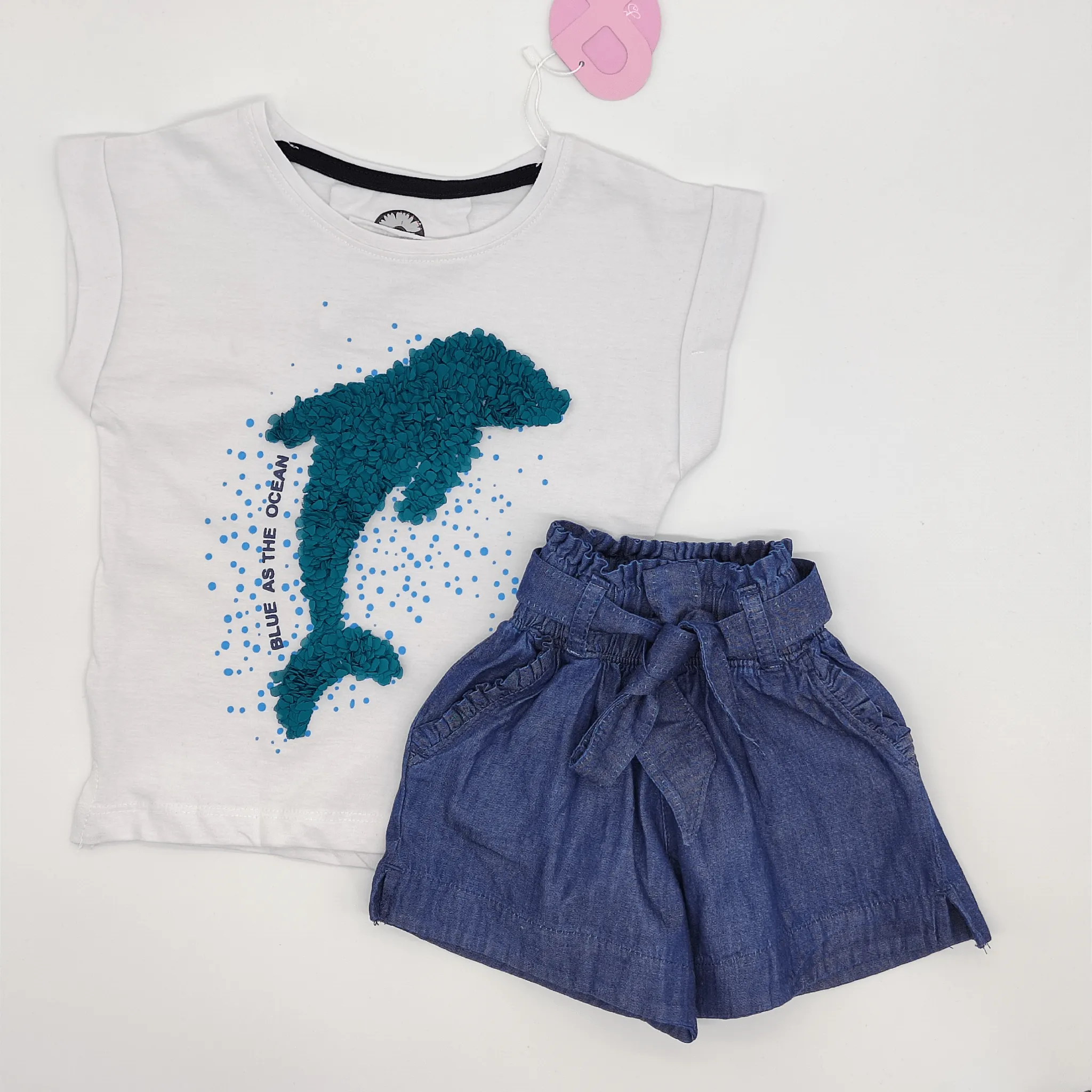 Girls Set - Cotton Tshirt & Short Jeans - "Dolphin" - White