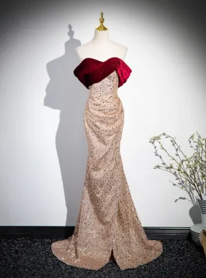 Gold Sequins Off the Shoulder Burgundy Velvet Prom Dress