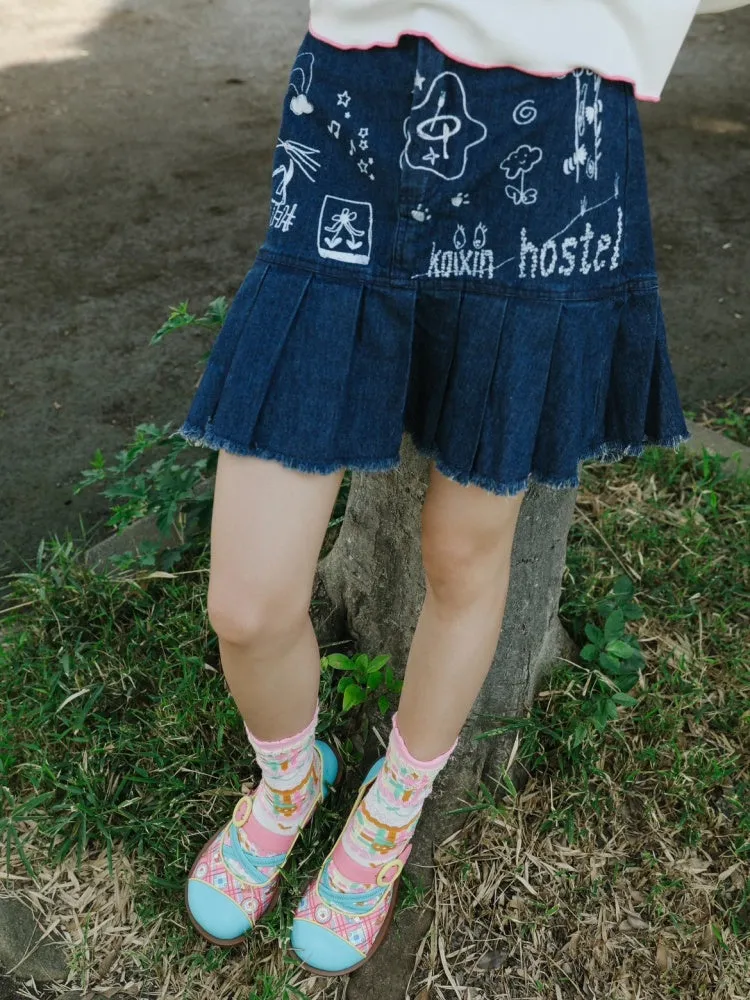 Graffiti Edge Denim Pleated Skirt【s0000003560】