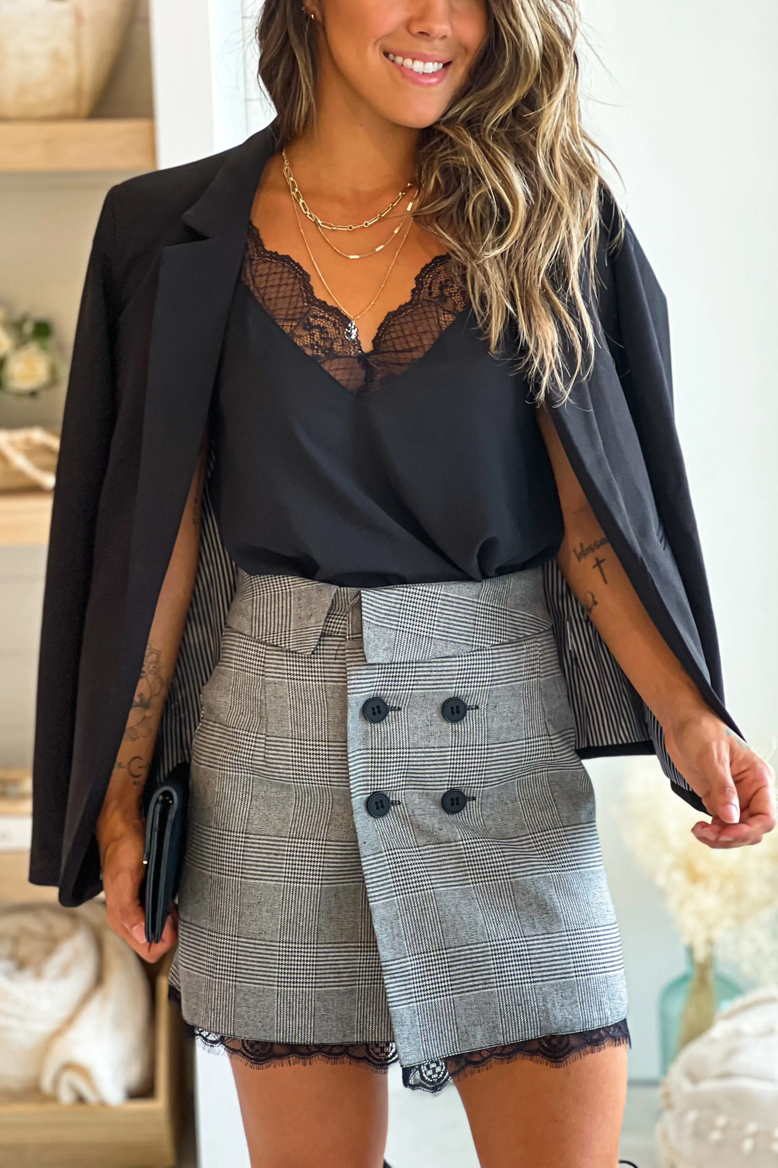 Gray Plaid Mini Skirt With Lace And Button Detail