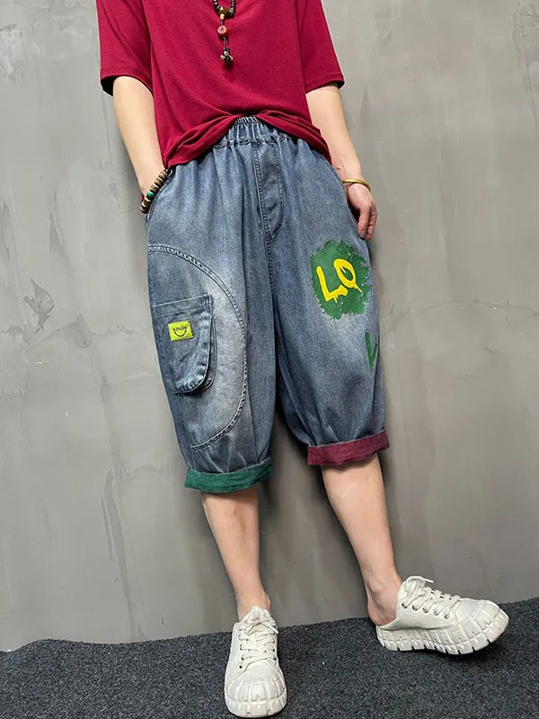 Harem Pants Loose Elasticity Printed Split-Joint Jean Pants Bottoms