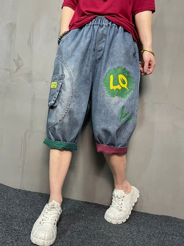 Harem Pants Loose Elasticity Printed Split-Joint Jean Pants Bottoms