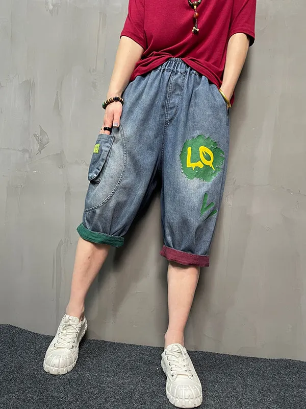 Harem Pants Loose Elasticity Printed Split-Joint Jean Pants Bottoms