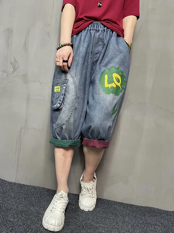 Harem Pants Loose Elasticity Printed Split-Joint Jean Pants Bottoms