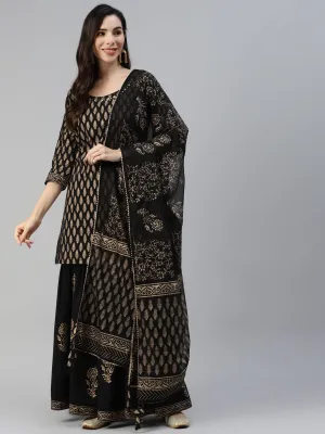 Jashvi Black Gold Printed Cotton Kurta Sharara Set with Dupatta