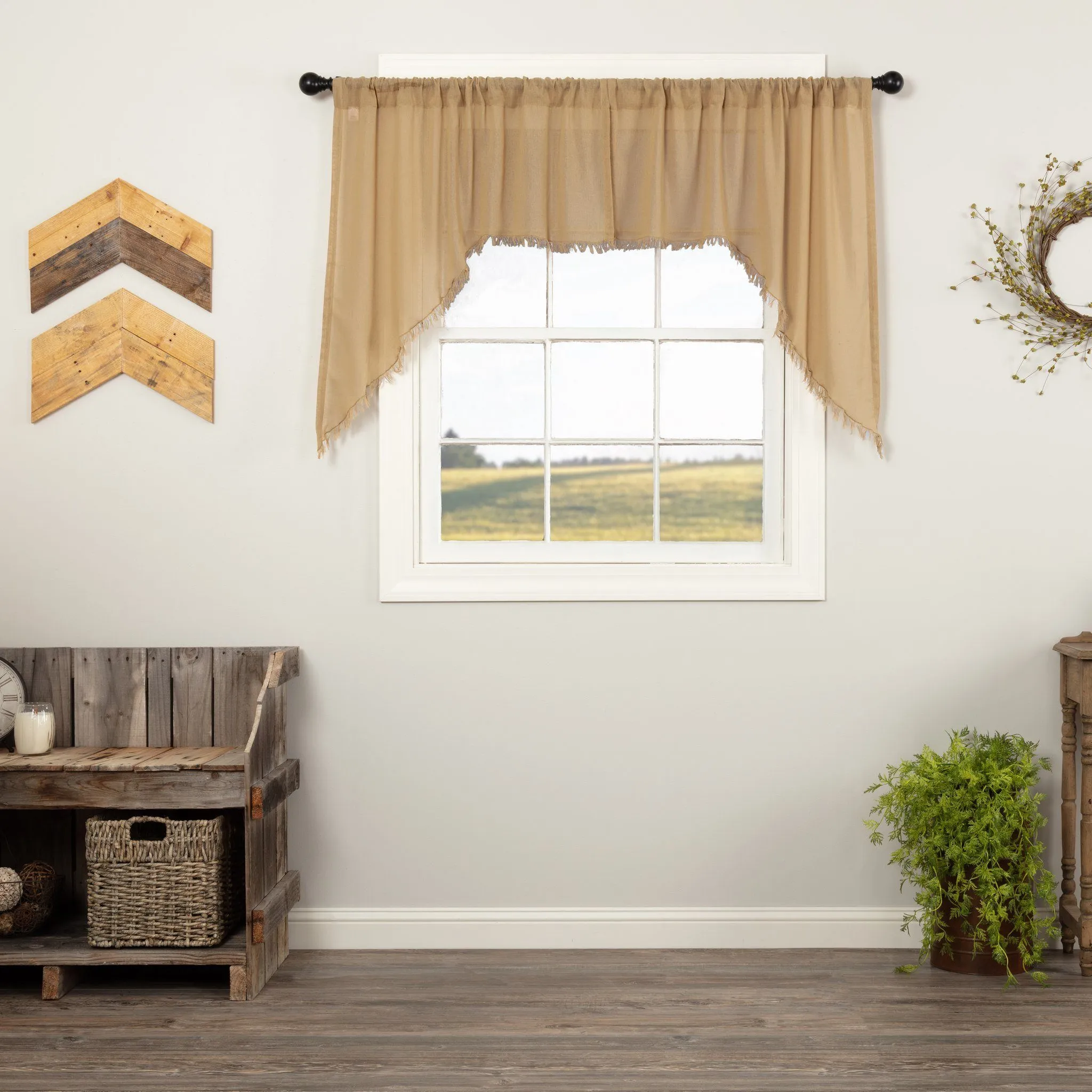 Khaki Fringed Tobacco Cloth Swag Curtains