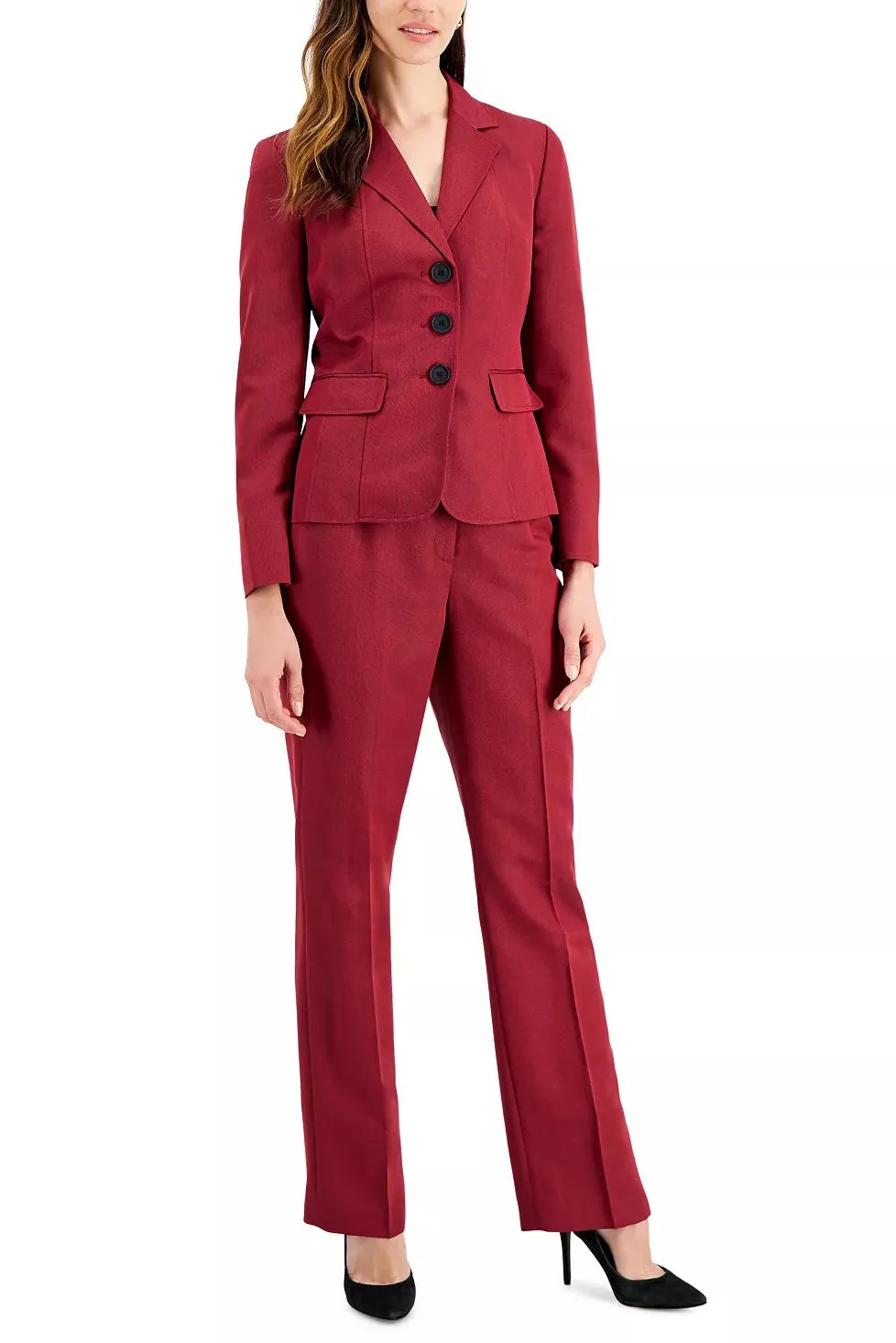 Le Suit Notched Collar 3 Button Closure Long Sleeve Jacket with Mid Waist Zipper Hook & Eye Closure Pant Two Piece Set