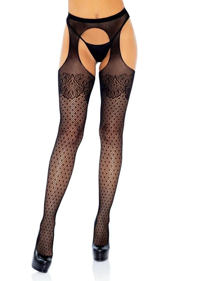 Leg Avenue Polka Dot Fishnet Suspender Hose with Lace Top and Cuban Heel