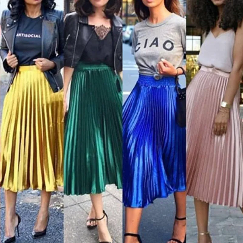 Long Metallic Silver Maxi Pleated Skirt Midi Skirt High Waist Casual Party Skirt