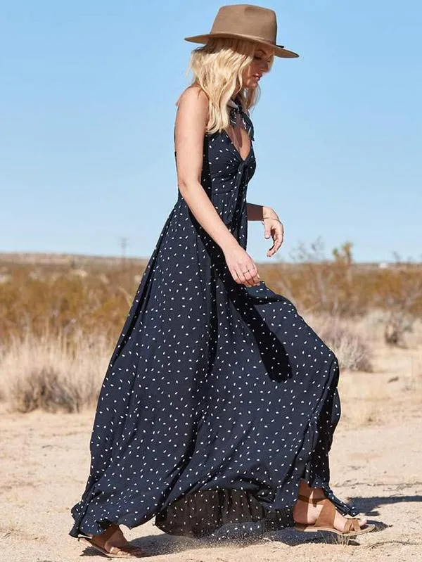 Lovely Spaghetti-neck Bow-embellished Polka-dot Maxi Dress