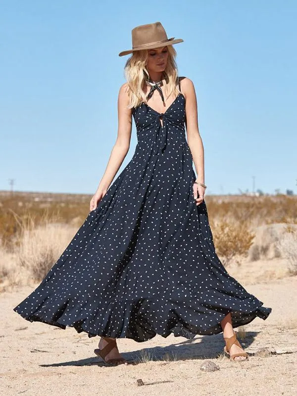 Lovely Spaghetti-neck Bow-embellished Polka-dot Maxi Dress