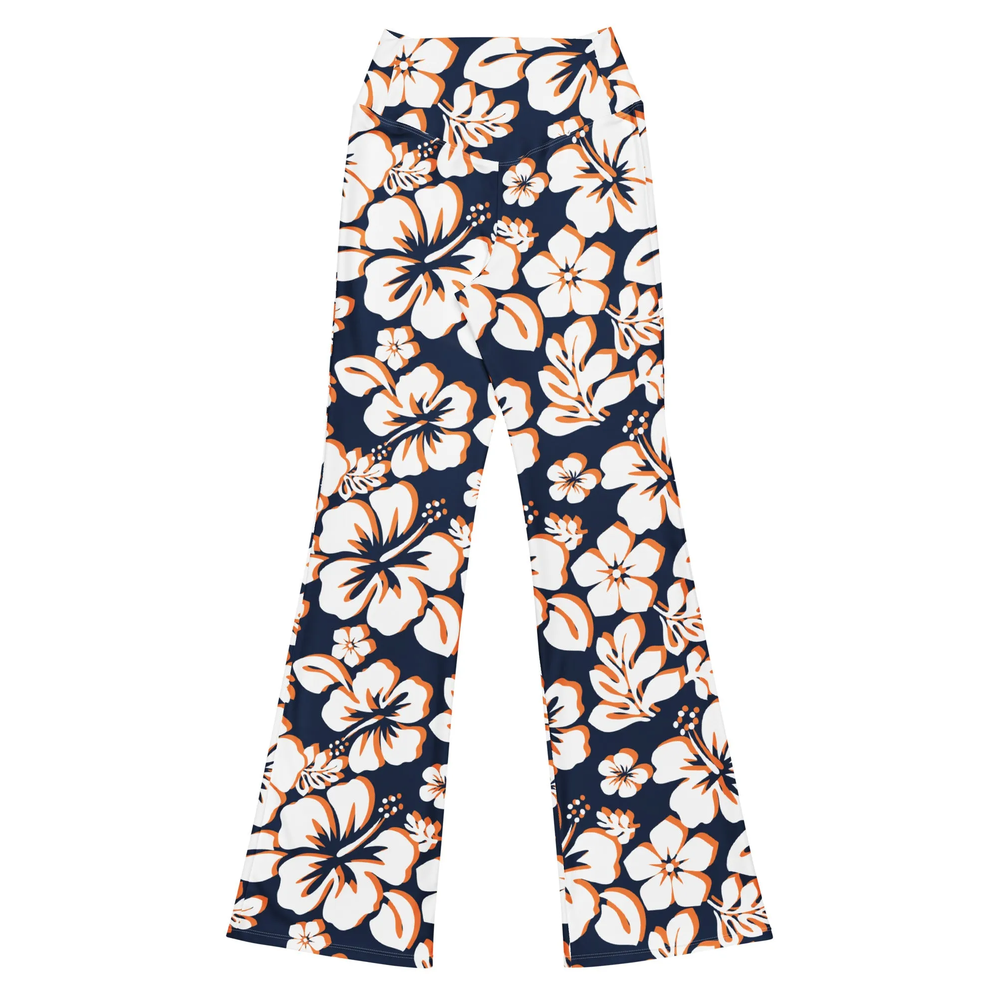 Navy Blue, Orange and White Hawaiian Flowers Flare Leggings