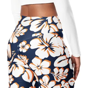 Navy Blue, Orange and White Hawaiian Flowers Flare Leggings