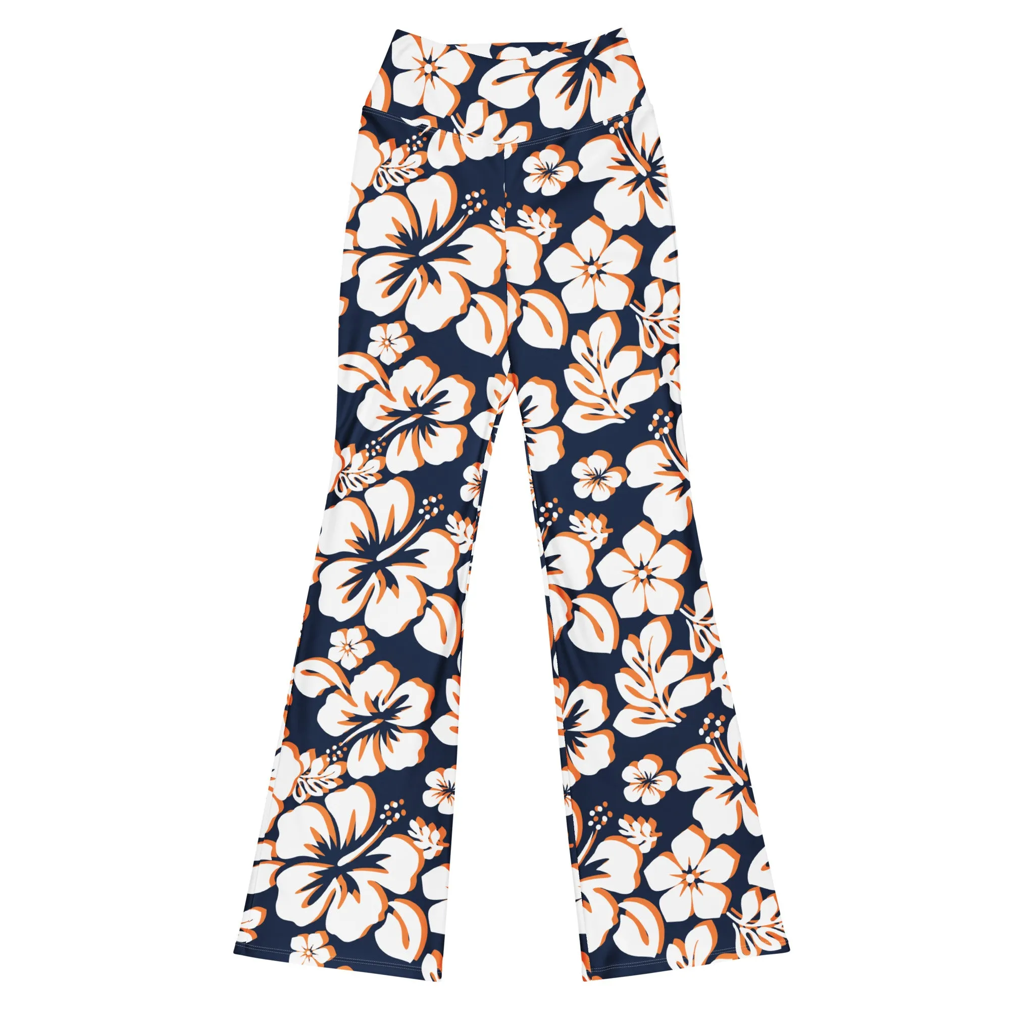 Navy Blue, Orange and White Hawaiian Flowers Flare Leggings