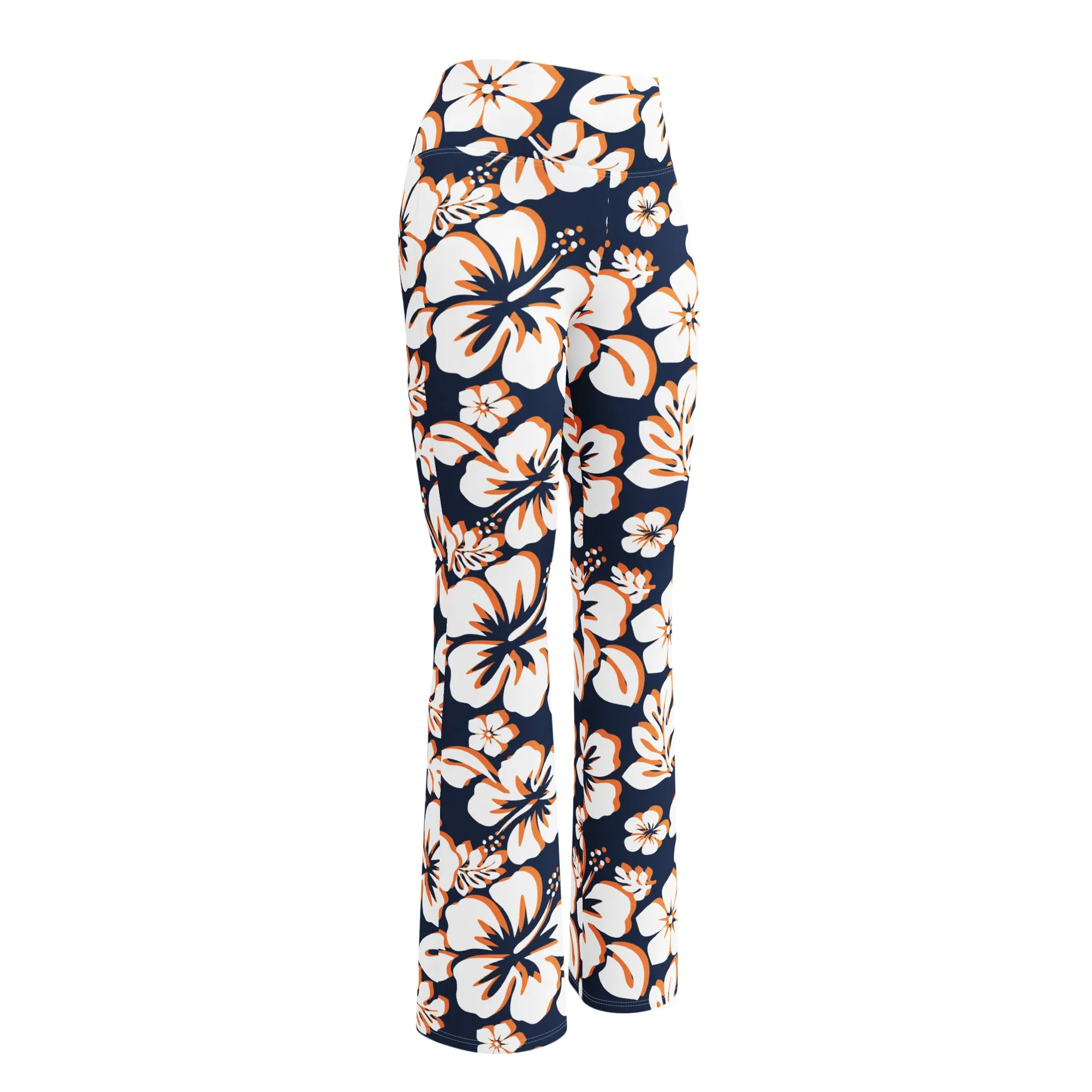 Navy Blue, Orange and White Hawaiian Flowers Flare Leggings