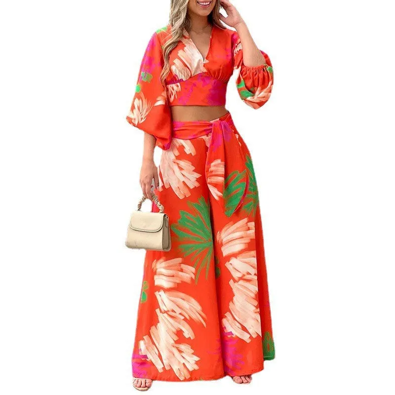 New Sweet Printed V-Neck Lantern Sleeve Short Shirt High Waist Wide Leg Pants Two Piece Set