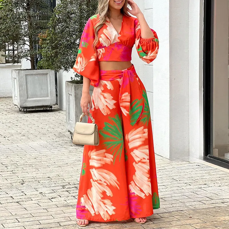 New Sweet Printed V-Neck Lantern Sleeve Short Shirt High Waist Wide Leg Pants Two Piece Set