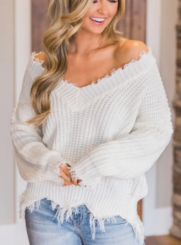 OFF THE SHOULDER SWEATER FOR WOMEN FRINGE DISTRESSED KNITTED