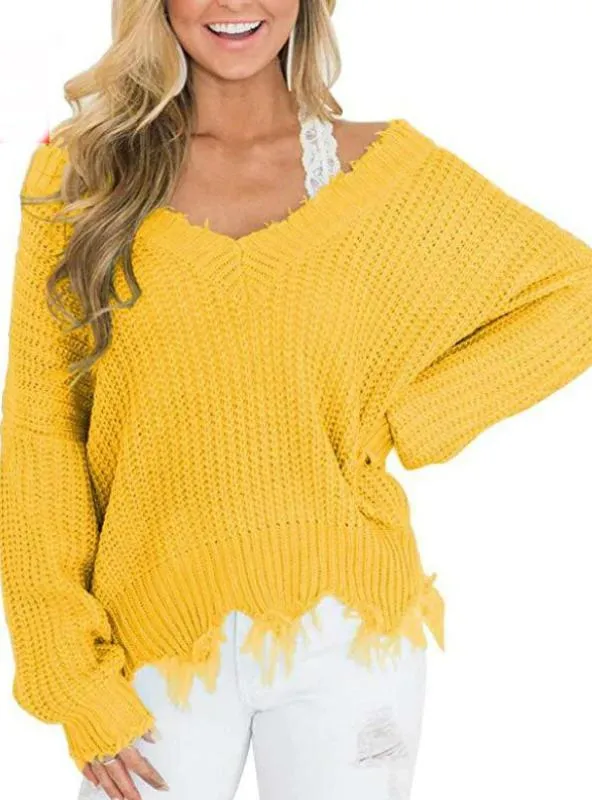 OFF THE SHOULDER SWEATER FOR WOMEN FRINGE DISTRESSED KNITTED