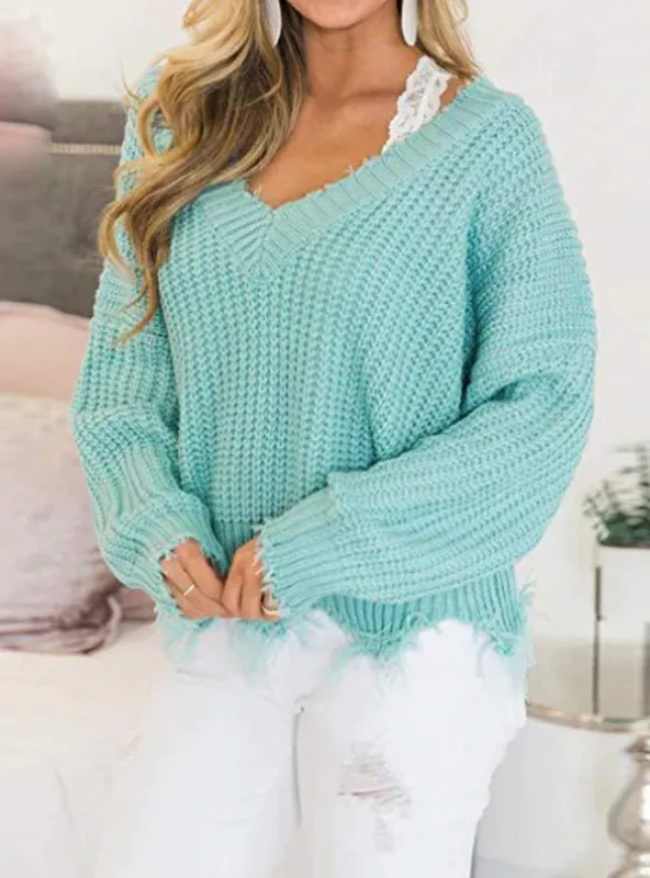 OFF THE SHOULDER SWEATER FOR WOMEN FRINGE DISTRESSED KNITTED