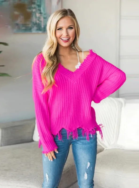 OFF THE SHOULDER SWEATER FOR WOMEN FRINGE DISTRESSED KNITTED