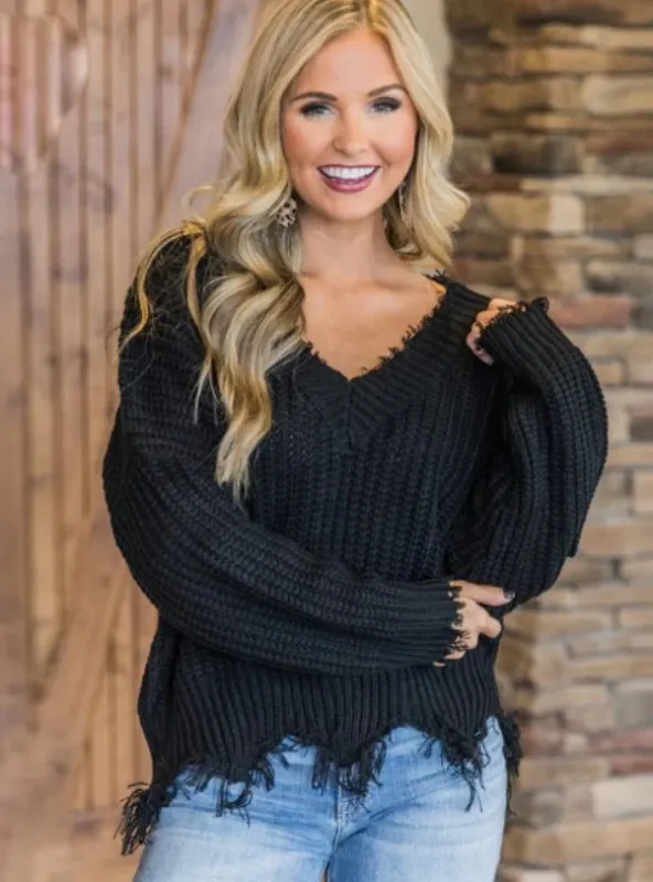 OFF THE SHOULDER SWEATER FOR WOMEN FRINGE DISTRESSED KNITTED